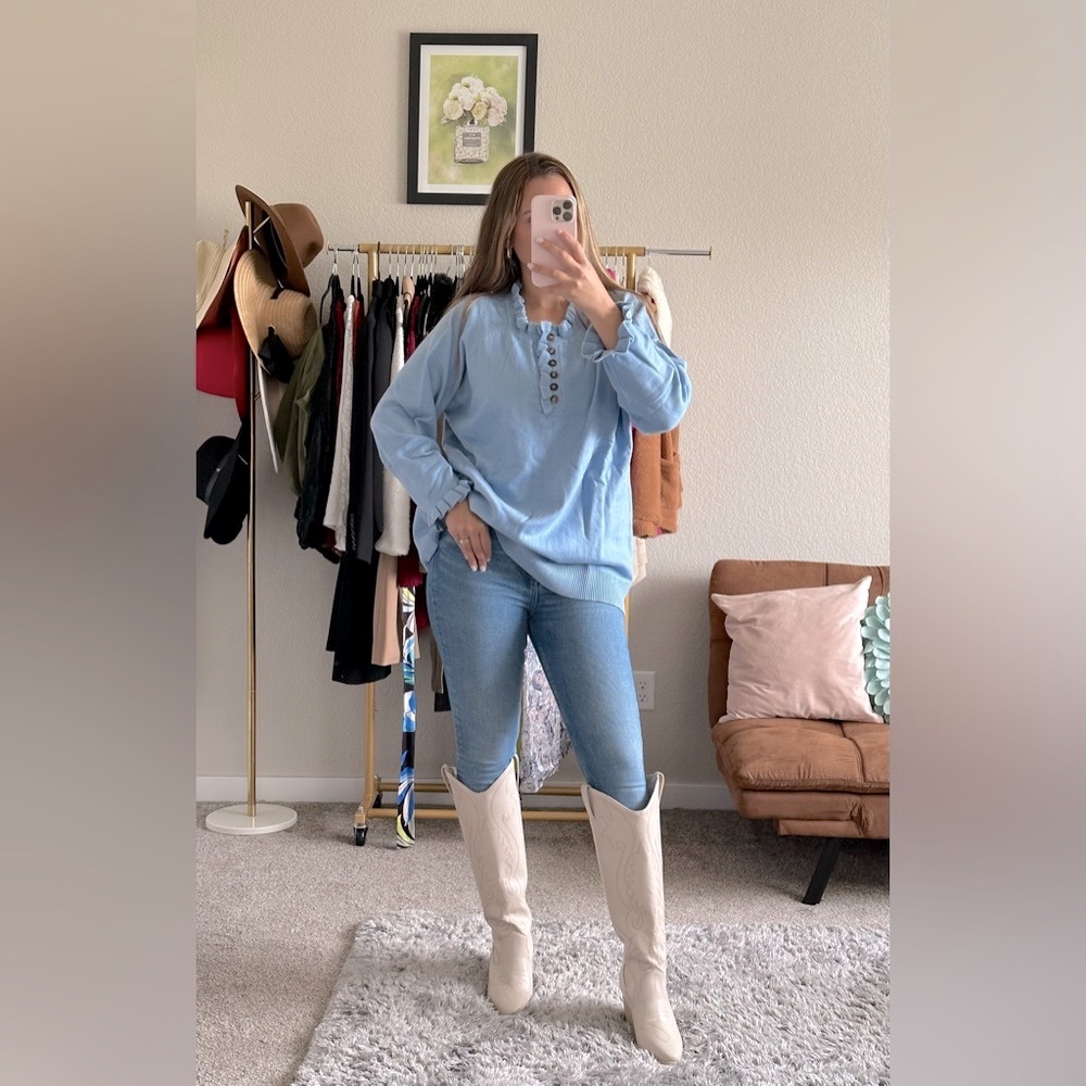 Blue Ruffle Cuff Sweater
